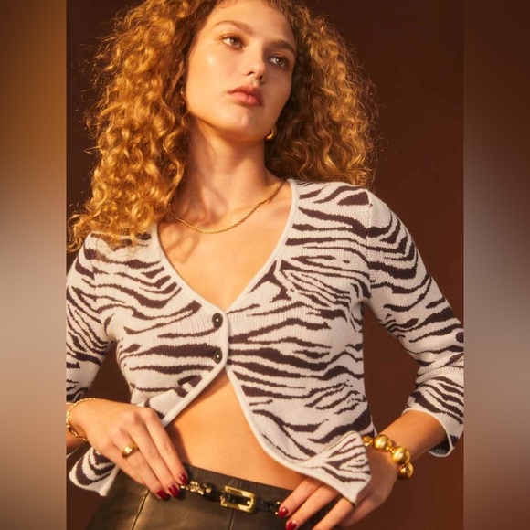 NEW Reformation Birdie Novelty Cardigan Size Small Color White Brown - Picture 7 of 9